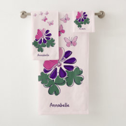 Pink Green Purple Flower Butterfly Doodle Name Bath Towel Set