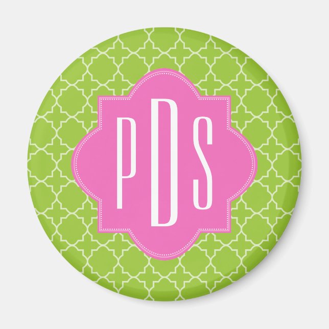 Pink + Green Quatrefoil Monogram Magnet (Front)
