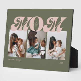 Pink Green Retro Bold Mom 3 Photo Collage Plaque