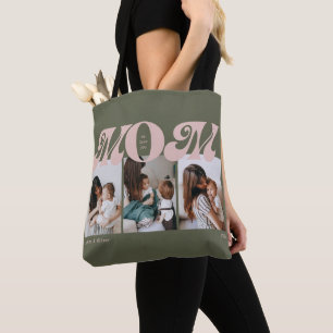 Pink Green Retro Bold Mom 3 Photo Collage Tote Bag