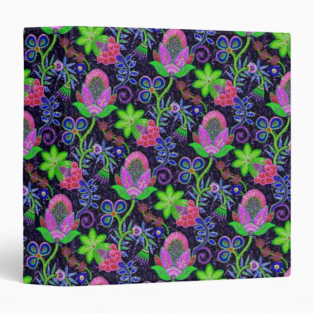 Pink &Green Retro Floral Design Glass Beads Look Binder (Front/Spine)