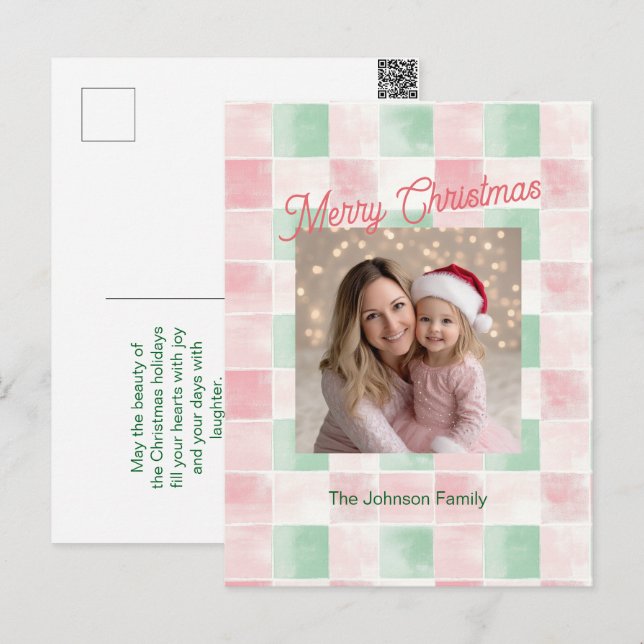 Pink Green Retro Pattern Photo Christmas Postcard (Front/Back)