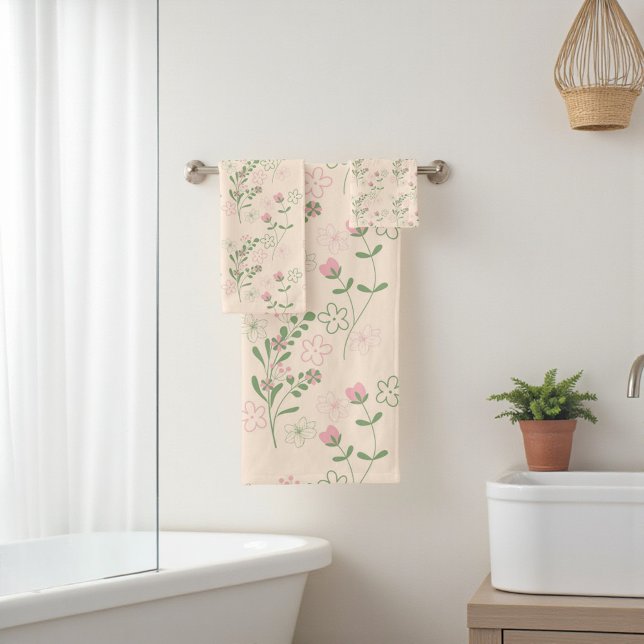 Pink Green Retro Y2K 70s Flower Pattern Bath Towel Set (Pink Green Retro Y2K 70s Flower Pattern Bath Towel Set)