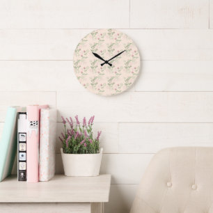 Pink Green Retro Y2K 70s Flower Pattern Large Clock