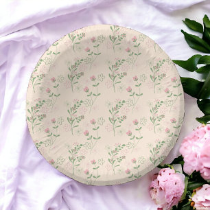 Pink Green Retro Y2K 70s Flower Pattern Paper Plate