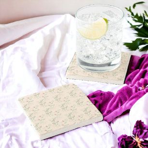 Pink Green Retro Y2K 70s Flower Pattern Stone Coaster