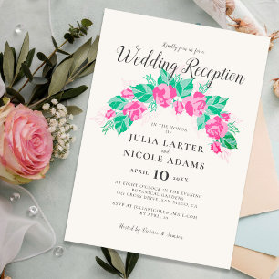 Pink Green Rose Flowers Garden Wedding Reception Invitation