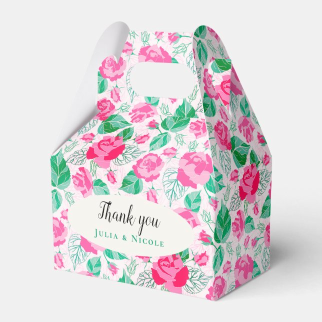 Pink Green Rose Petals Flowers Garden Wedding Favor Box (Front Side)