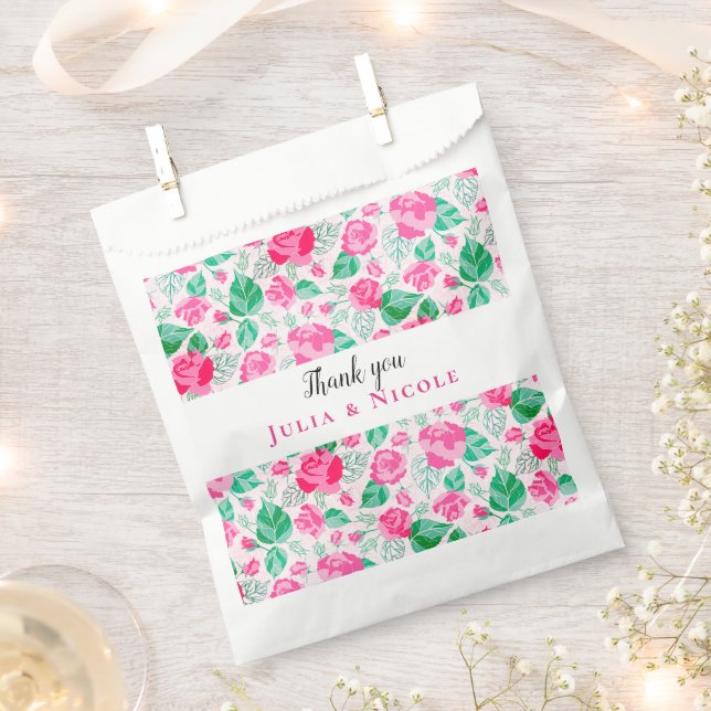 Pink Green Rose Petals Flowers Garden Wedding Favour Bag (Clipped)