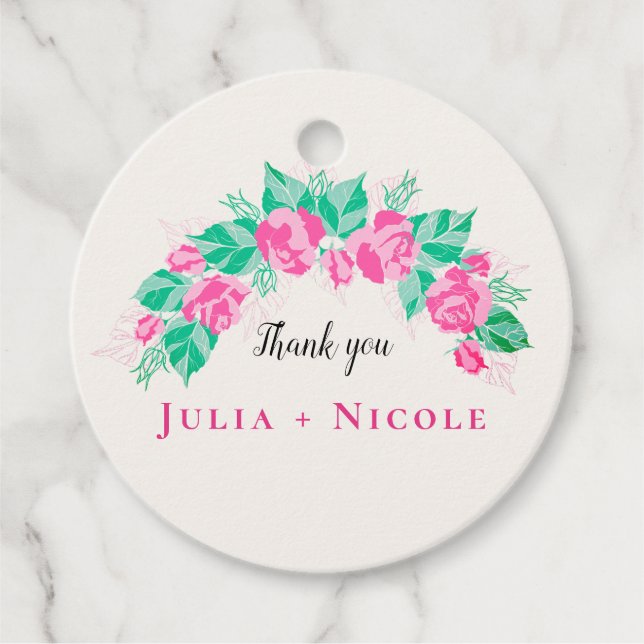Pink Green Rose Petals Flowers Garden Wedding Favour Tags (Front)