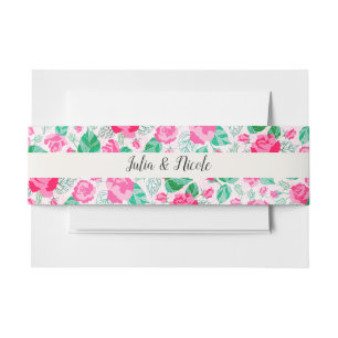 Pink Green Rose Petals Flowers Garden Wedding Invitation Belly Band