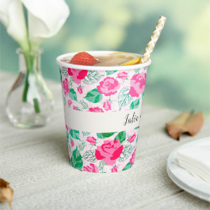Pink Green Rose Petals Flowers Garden Wedding Paper Cups