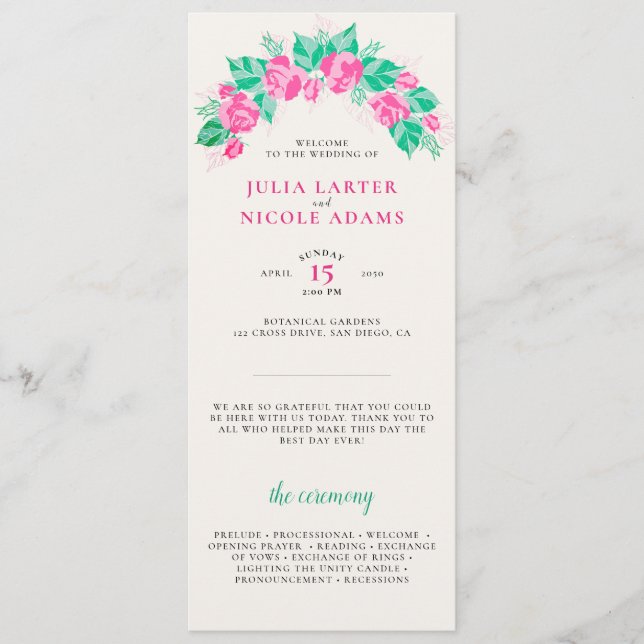 Pink Green Rose Petals Flowers Garden Wedding Program (Front)