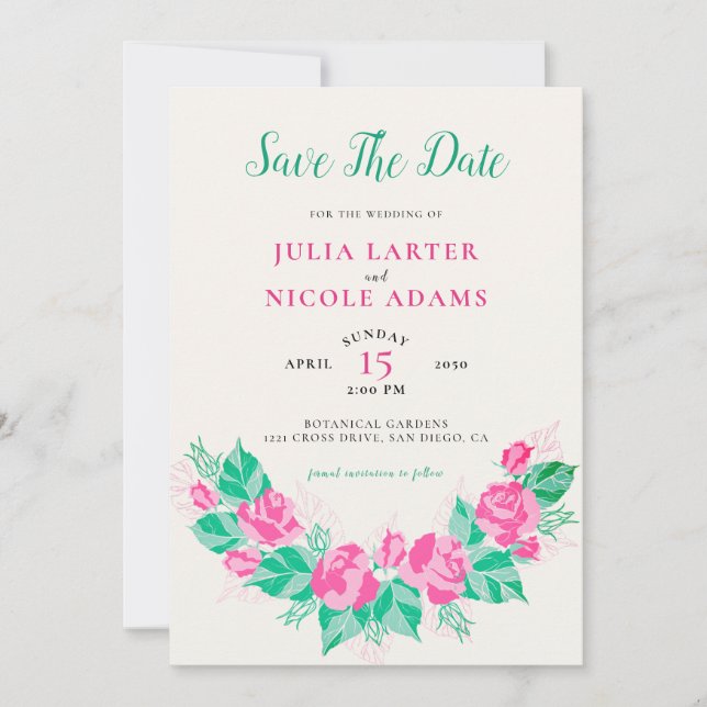 Pink Green Rose Petals Flowers Garden Wedding Save The Date (Front)