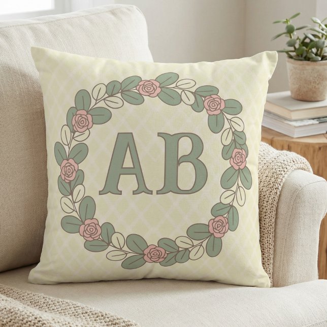 Pink Green Rose Wreath Monogram Throw Pillow (Pastel rose wreath in soft green. pink and cream with initials in the center for a girly girl.)