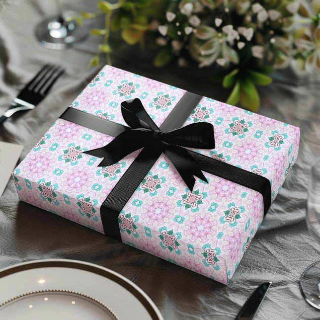 PINK GREEN ROSES GIRLY WRAPPING PAPER (Abstract pink floral wrapping paper)