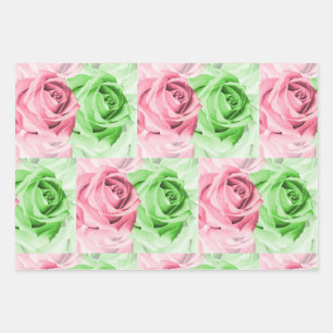 Pink & Green Roses Wrapping Paper Sheets