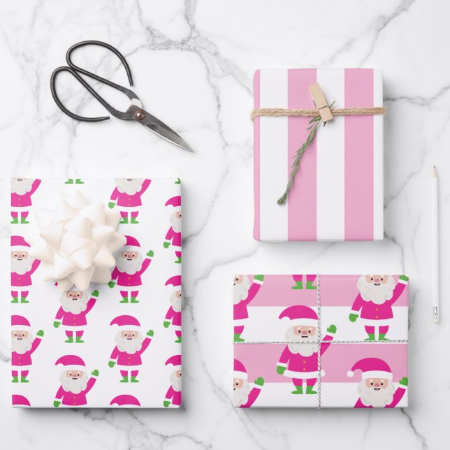 Pink & Green Santa Stripe Christmas Wrapping Paper (Front)