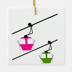 Pink & green ski gondolas ceramic ornament