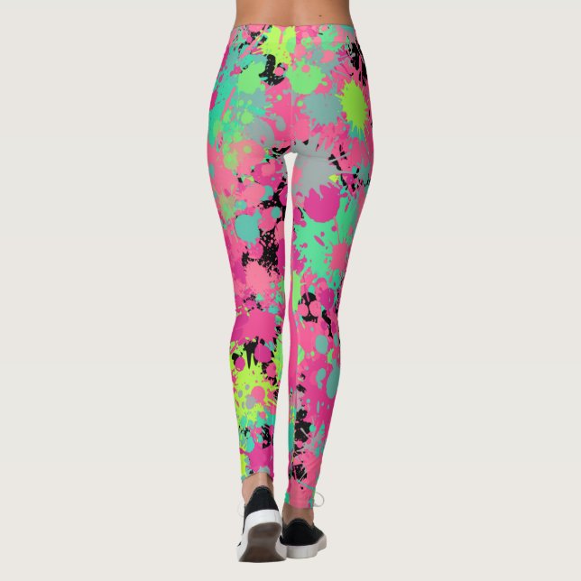 Pink Green Splatter Burst Pattern Vacation Beach Leggings (Back)