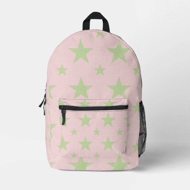 Pink Green Stars Pattern Pastel Constellation Printed Backpack (Front)