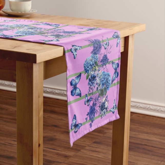 Pink Green Stripe Butterfly Medow Short Table Runner (In Situ)