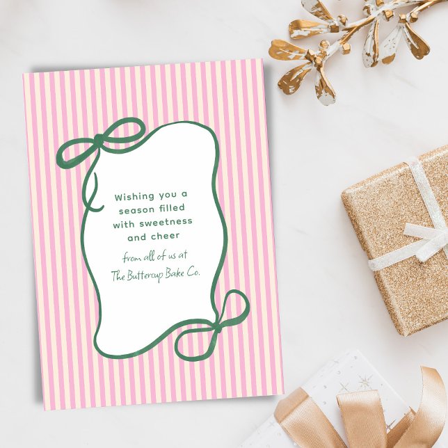 Pink Green Striped Bow Christmas Bakery Business Holiday Card (Creator Uploaded)