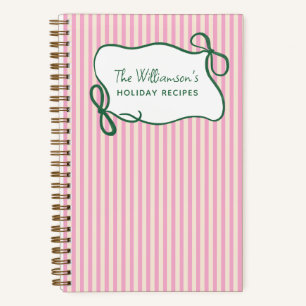 Pink Green Striped Bow Custom Christmas Recipe Notebook