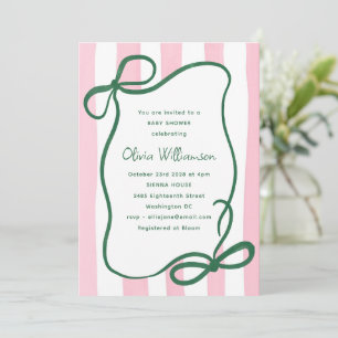 Pink Green Striped Bow Cute Baby Shower Whimsical Invitation