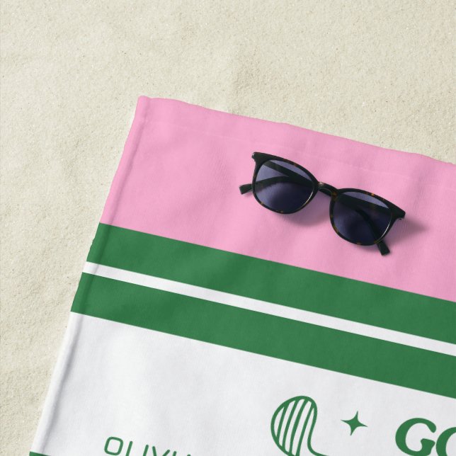 Pink & Green Striped personalised retro gift Beach Towel (In Situ)