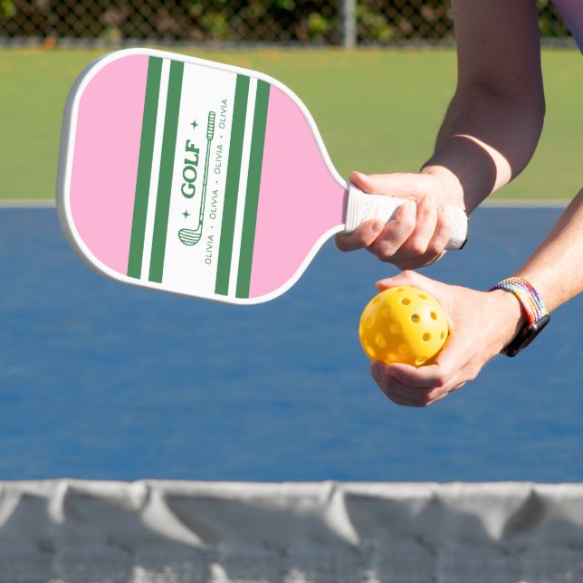 Pink & Green Striped personalised retro gift Pickleball Paddle (Insitu)