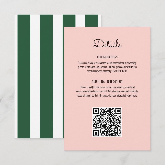 Pink & Green Stripes Beverly Hills Hotel Wedding  Enclosure Card (Front/Back)