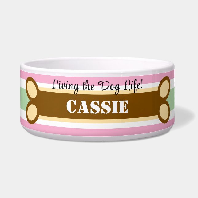 Pink Green Stripes Dog Bone Name (Front)