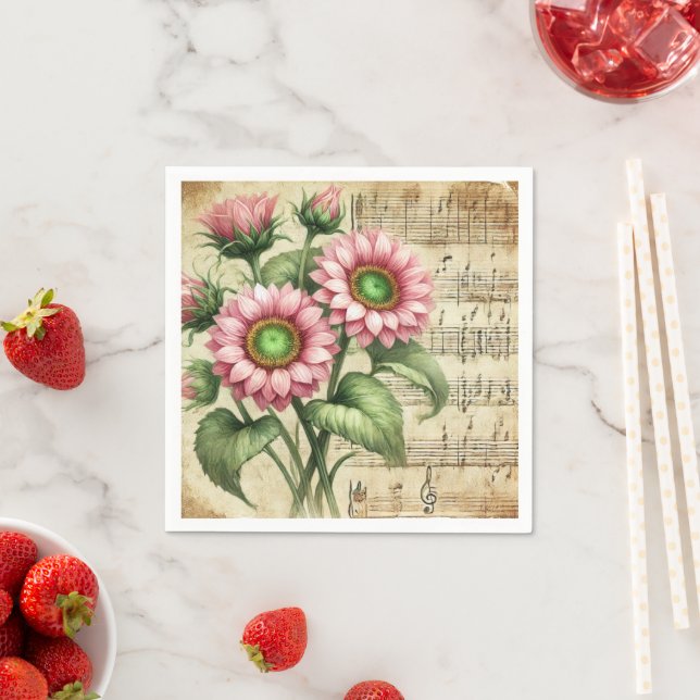 Pink & Green Sunflowers Vintage Music Découpage Napkin (Insitu)