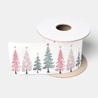Pink Green Swirly Christmas Trees Satin Ribbon
