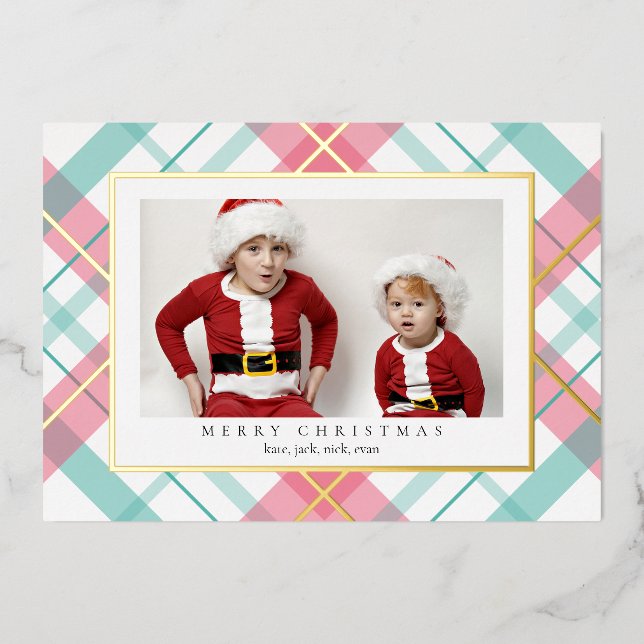 Pink Green Tartan Plaid Christmas Foil Card (Front)