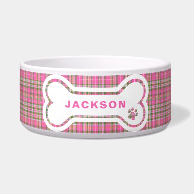Pink & Green Tartan Plaid Dog Bone (Front)
