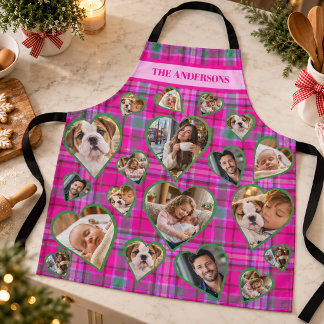 Pink Green Tartan Plaid Family Photo Collage  Apron