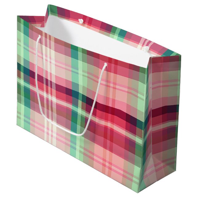 Pink Green Tartan Plaid Large Gift Bag (Front Angled)