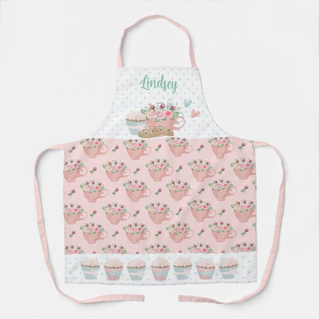 Pink & Green Tea and Cupcakes Personalized Apron (Front)