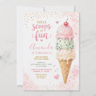Pink Green Three Scoops Of Fun 3rd Birthday Party Invitation