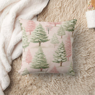 Pink Green Trees Christmas Holiday Throw Pillow