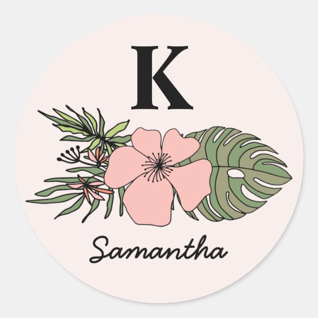 Pink & Green Trendy Tropical Leaves Monogram Classic Round Sticker (Front)