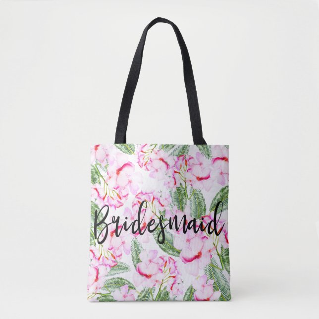 Pink Green Tropical Botanical Oasis BRIDESMAID Tote Bag (Front)