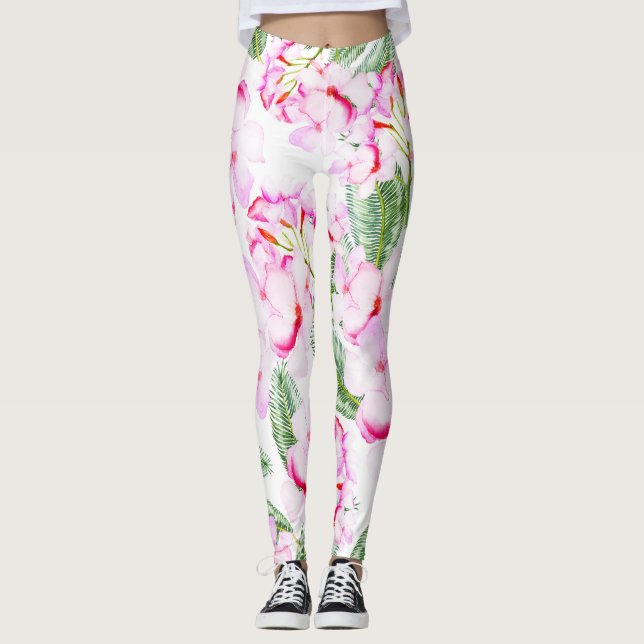 Pink Green Tropical Botanical Oasis Leaves Floral Leggings (Front)