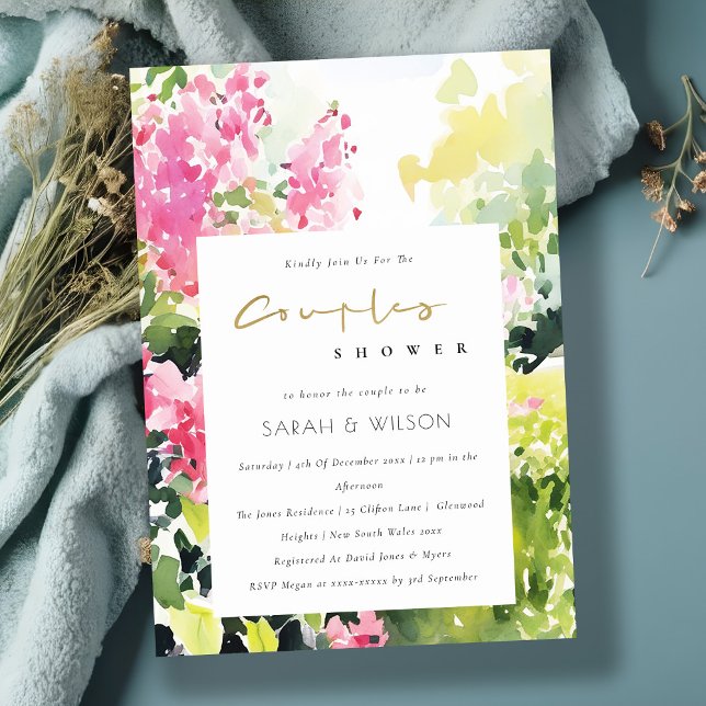 Pink Green Tropical Bougainvillea Couples Shower Invitation (Creator Uploaded)