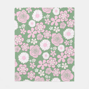 Pink Green Tropical Floral Botanical Spring Summer Fleece Blanket