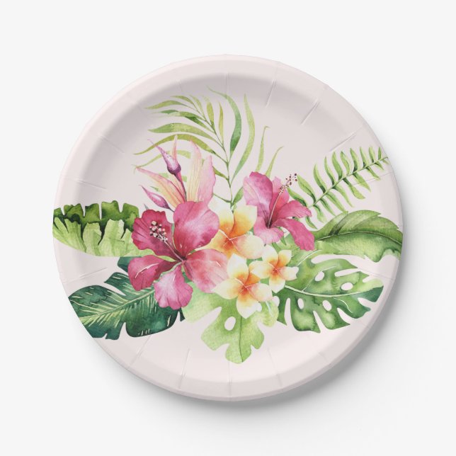 Pink Green Tropical Flowers Paper Plates, 7" Paper Plate (Front)