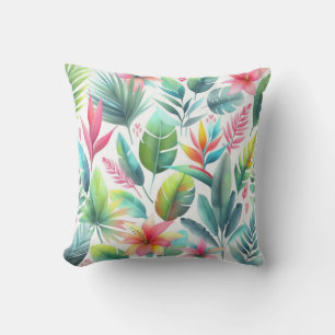 Pink Green Tropical Hawaiian Palm Leaves Flowers Throw Pillow