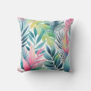 Pink Green Tropical Hawaiian Palm Leaves  Throw Pillow